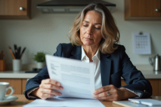 Femme d age moyenne examine sa facture d impots dans la cuisine