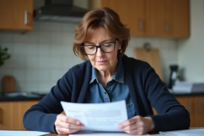 Femme moyenne âge examine une lettre d'impôts dans sa cuisine