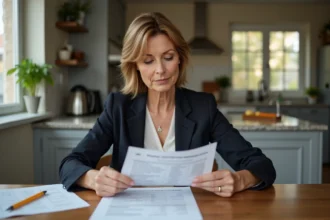 Femme d'âge moyen examine un relevé de prêt immobilier