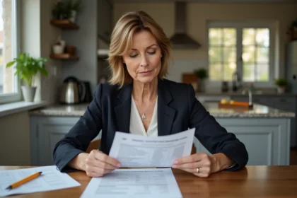 Femme d'âge moyen examine un relevé de prêt immobilier