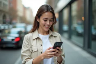 Femme utilisant un service de location sur smartphone dans la rue, application mobile de loc service fr