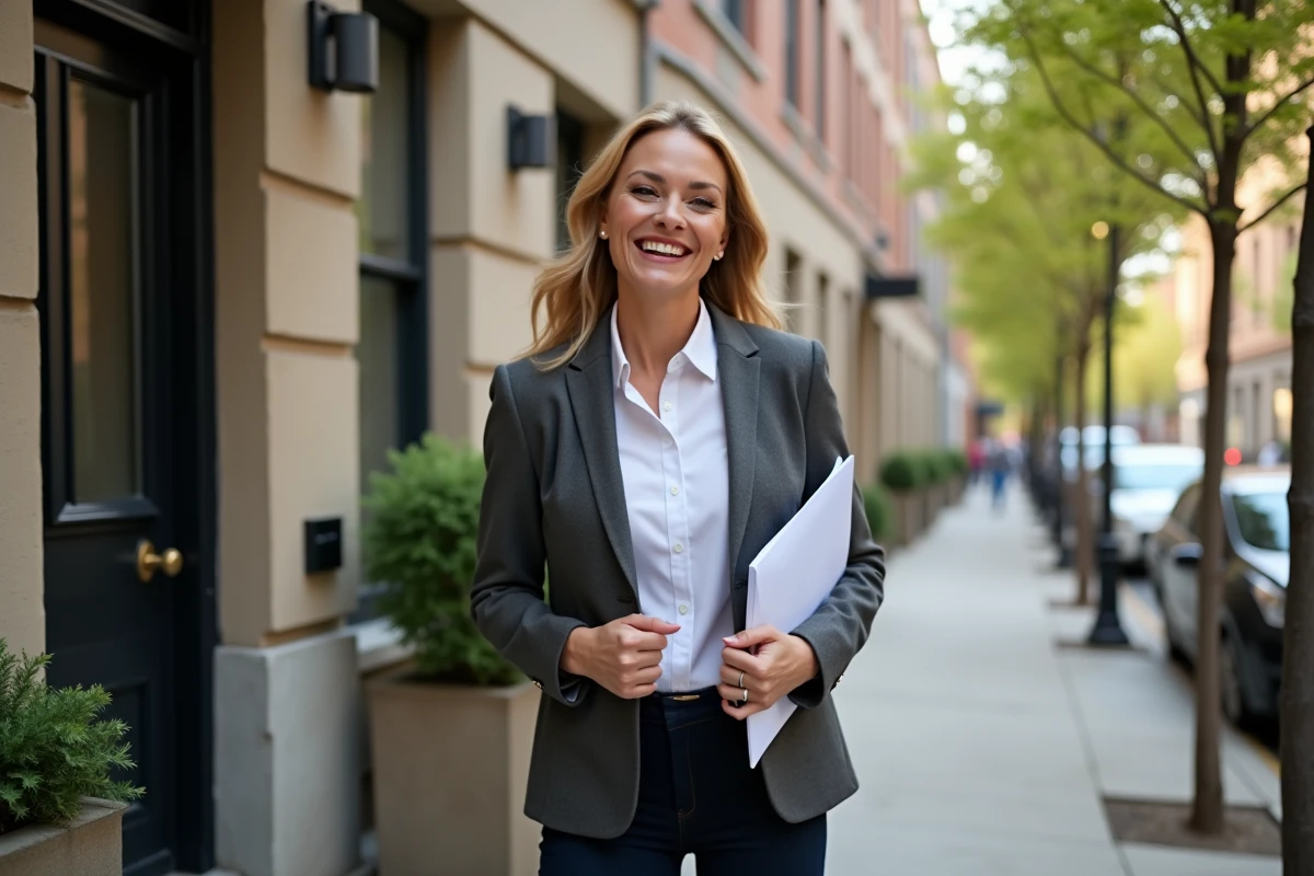 Femme souriante sortant de sa maison avec un rapport d