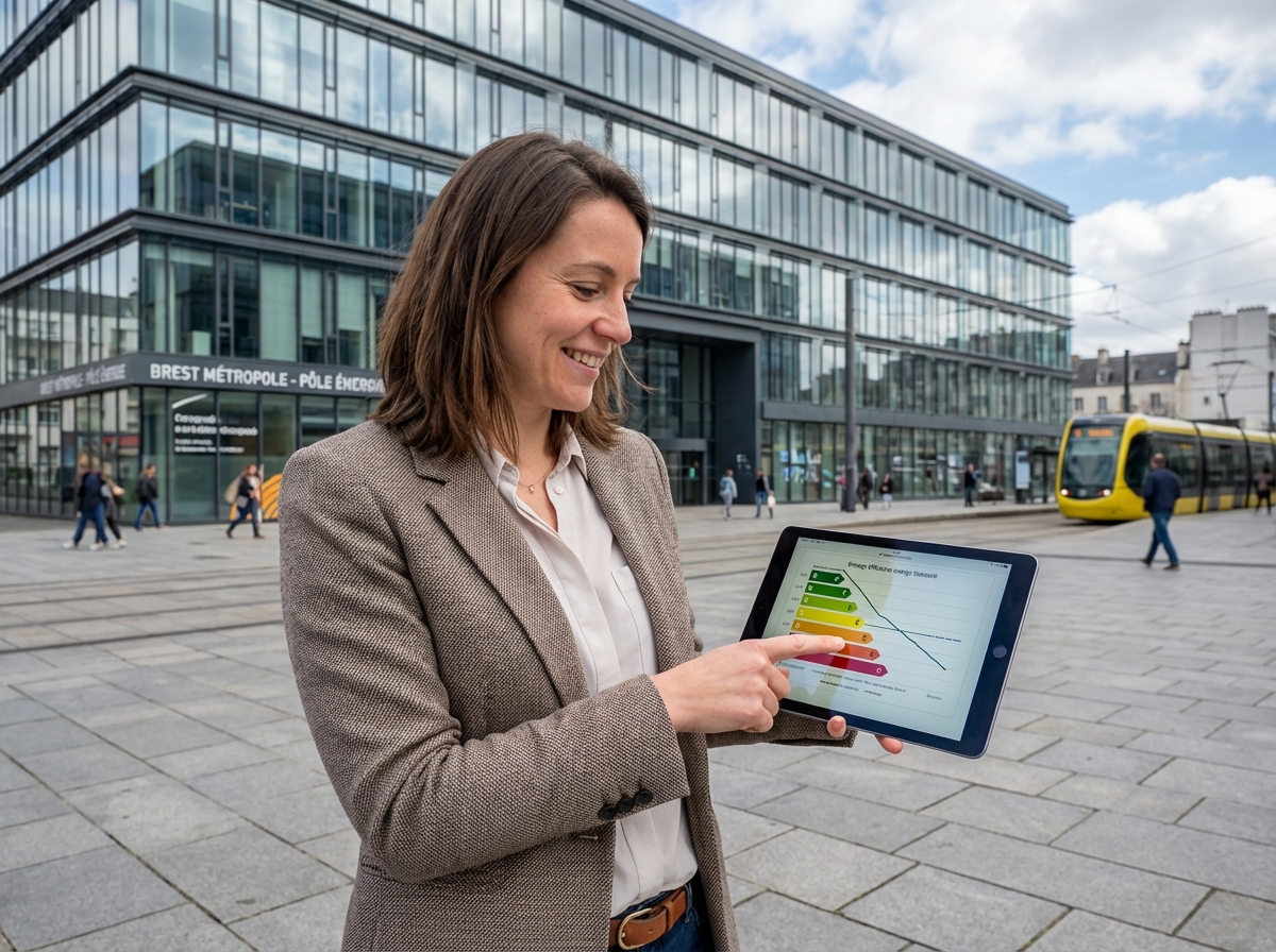 Femme montrant un graphique sur l'efficacité énergétique