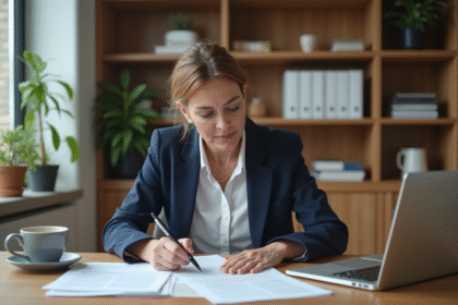 Femme en bureau moderne remplissant des formulaires fiscaux