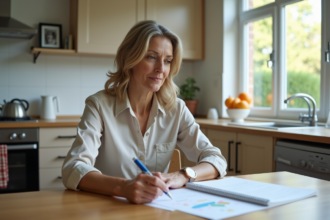 Femme d'âge moyen travaillant dans une cuisine lumineuse