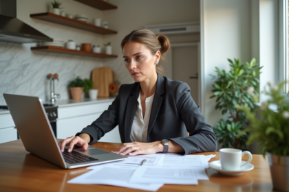 Femme d'affaires dans sa cuisine examine des documents de prêt immobilier