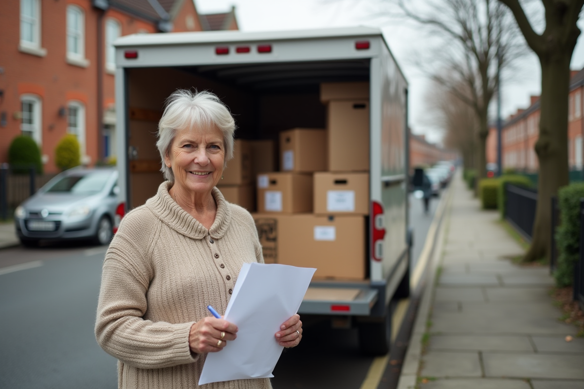 Femme vérifiant sa liste de déménagement devant le camion