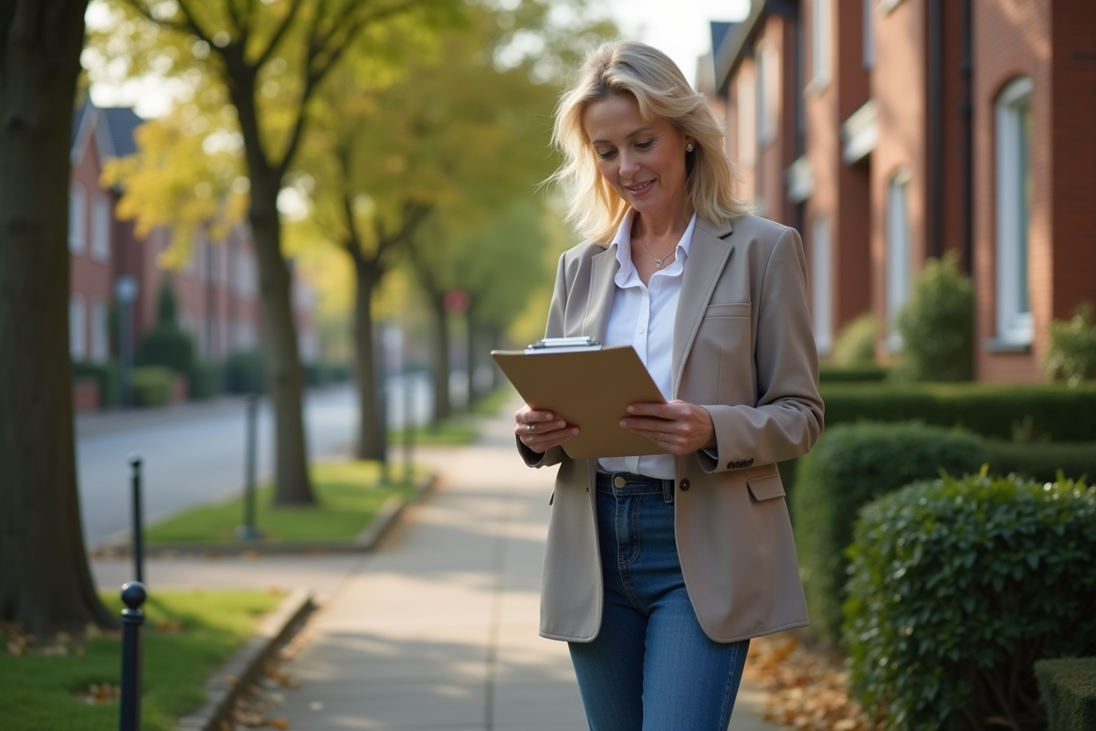 Femme dehors dans une rue calme en banlieue