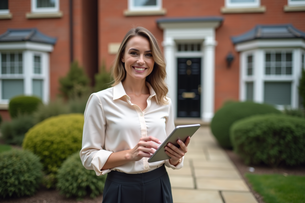 Femme souriante tenant une tablette devant sa maison