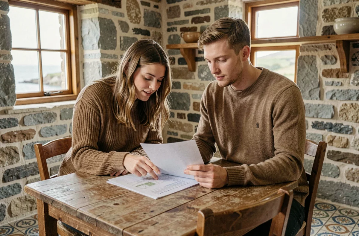 Couple étudiant un dossier de financement immobilier dans une maison de pêcheur bretonne avec vue sur la mer