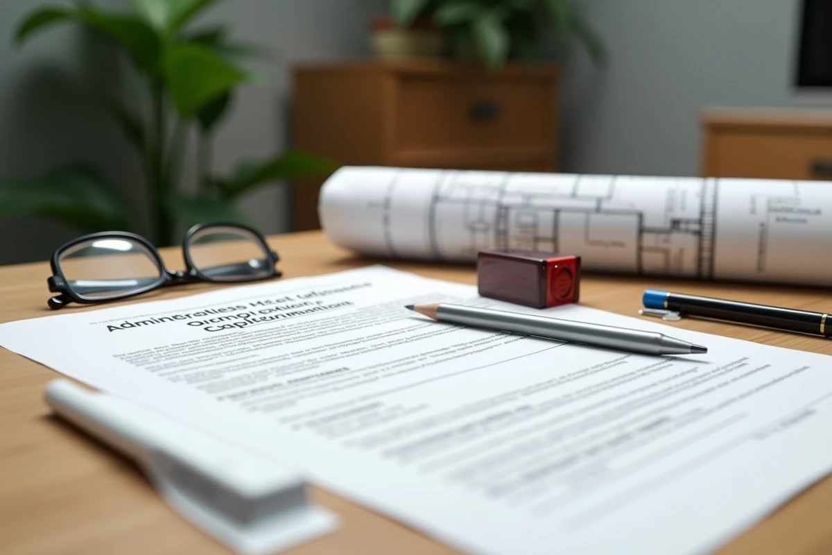 Gros plan sur un formulaire de déclaration attestant l'achèvement et la conformité des travaux posé sur un bureau administratif avec plan architectural et tampon officiel