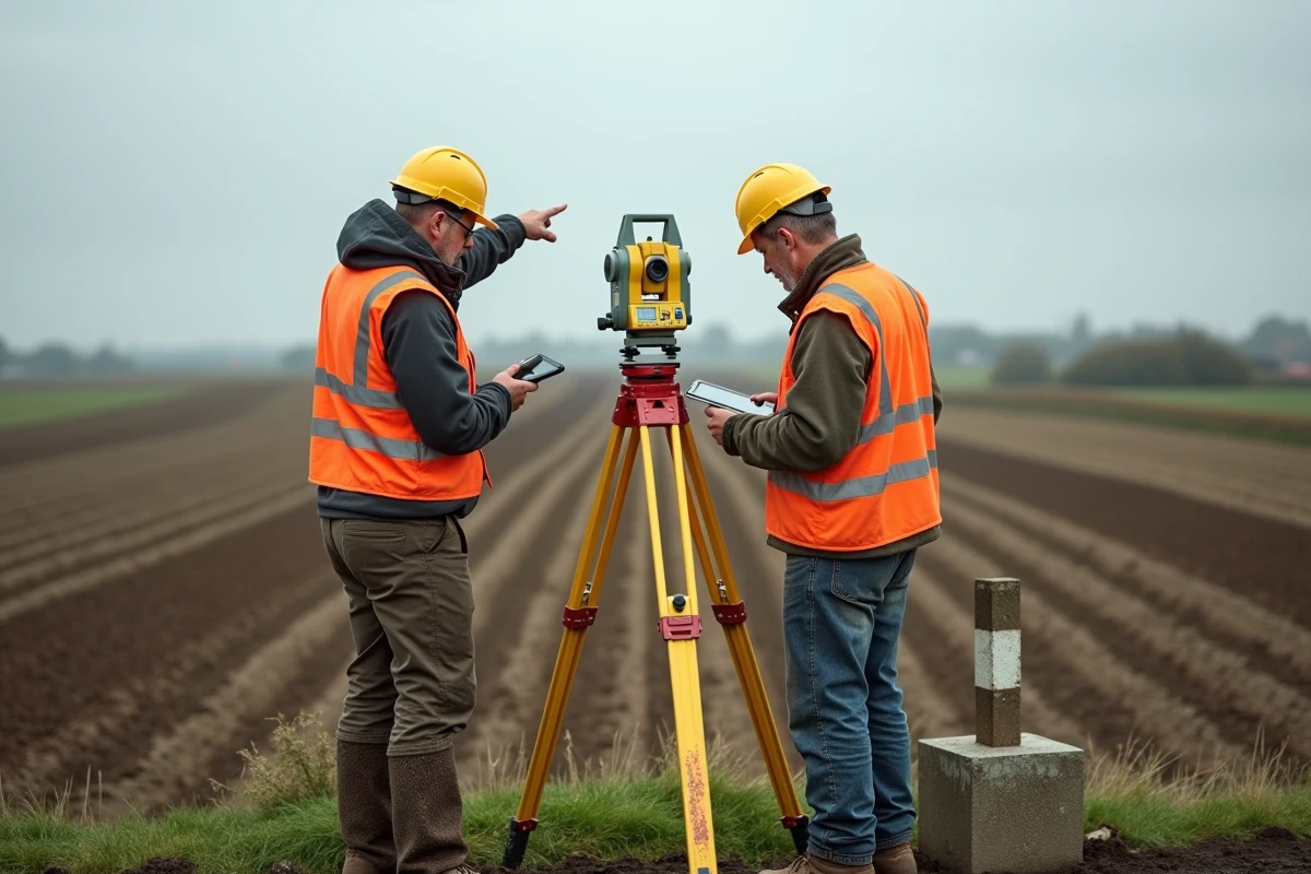 Deux géomètres professionnels mesurant l'emplacement d'une borne de terrain avec théodolite en milieu rural
