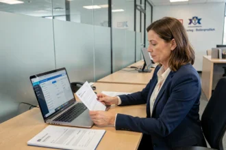 Responsable administrative en mairie consultant un tableau de bord de gestion des attributions sur ordinateur portable