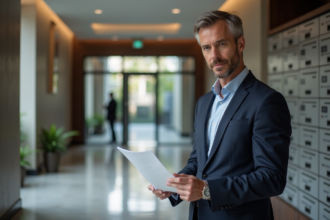 Gestionnaire immobilier dans le lobby d'un immeuble moderne