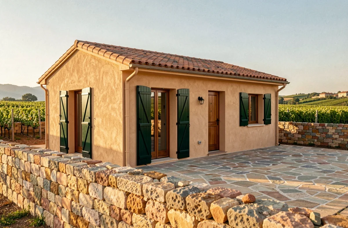 Maison individuelle construite par Habitat Roussillon dans le Roussillon, avec façade sable, volets en bois vert, toiture en tuiles romanes et cour en pierre sèche entourée de vignes