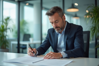 Homme d'affaires examinant un document dans un bureau moderne