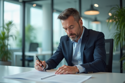 Homme d'affaires examinant un document dans un bureau moderne