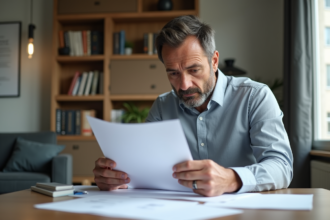 Homme d'affaires français examinant des documents immobiliers