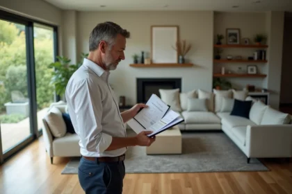 Homme d'affaires dans un salon moderne examine des documents immobiliers