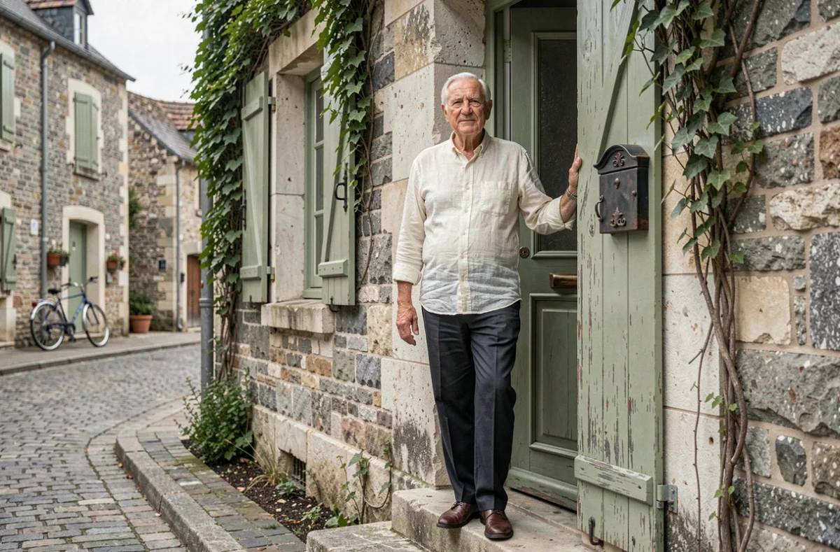 Homme âgé devant sa maison en pierre en France, symbolisant la transmission et la vente en viager