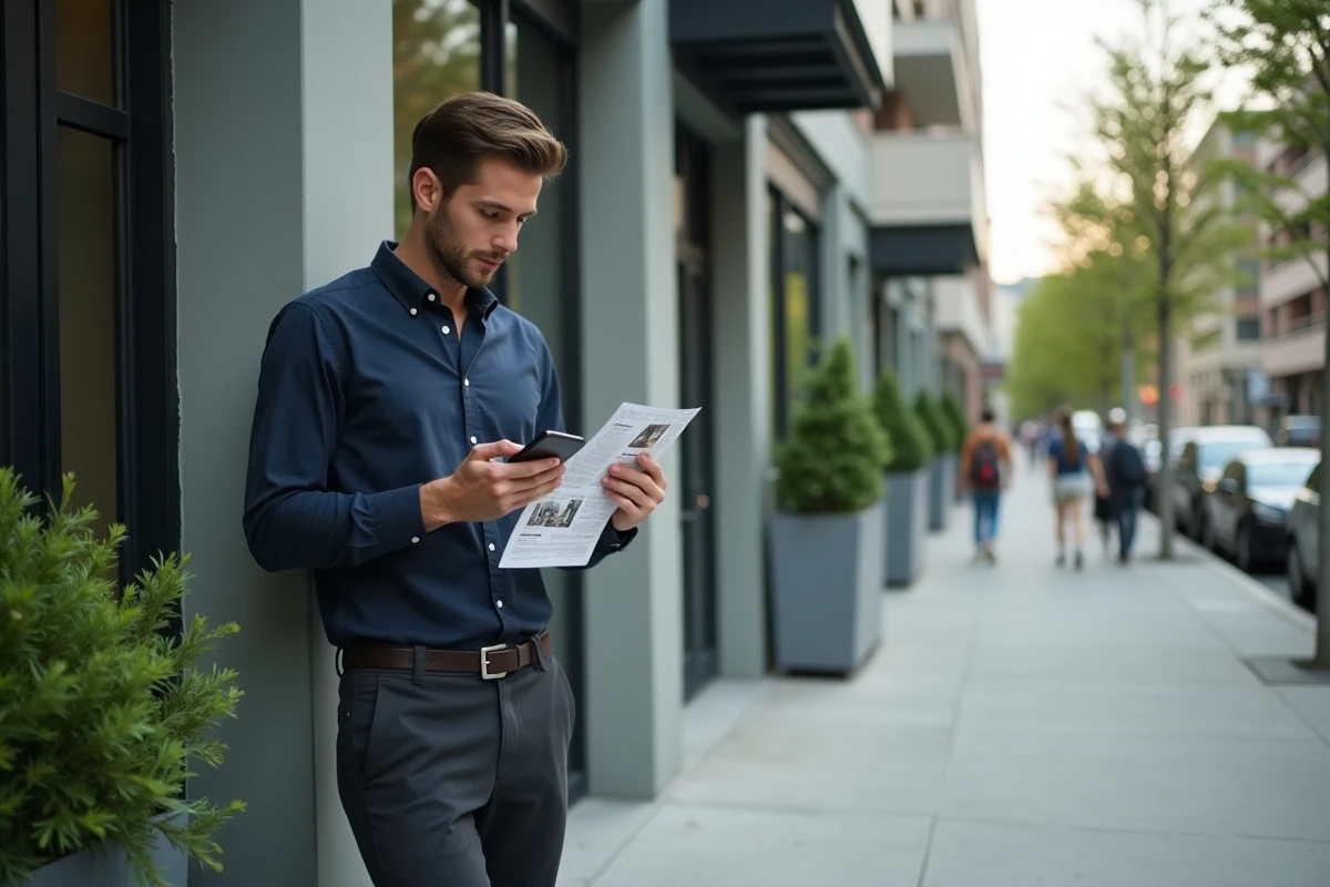 Homme consultant une annonce immobilière sur smartphone devant un immeuble résidentiel pour trouver un logement via Loca Annonce