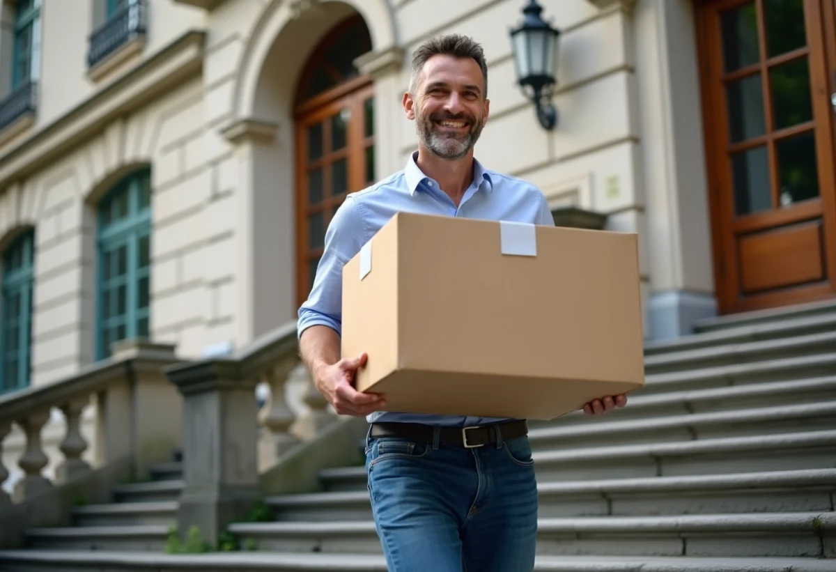 Homme portant des cartons dans un immeuble genevois