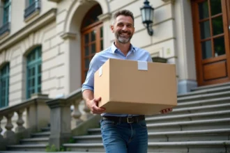 Homme portant des cartons dans un immeuble genevois