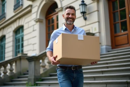 Homme portant des cartons dans un immeuble genevois