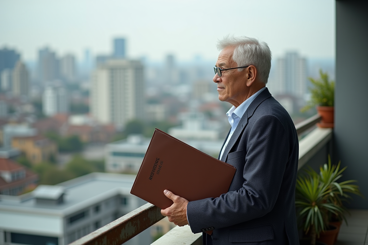 Homme regardant la ville depuis un balcon urbain