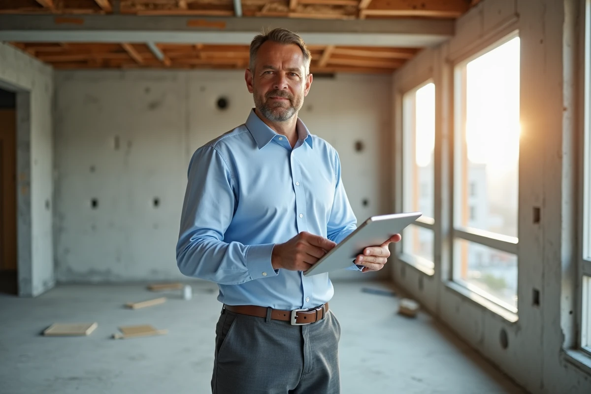 Homme sur chantier avec tablette dans appartement en construction