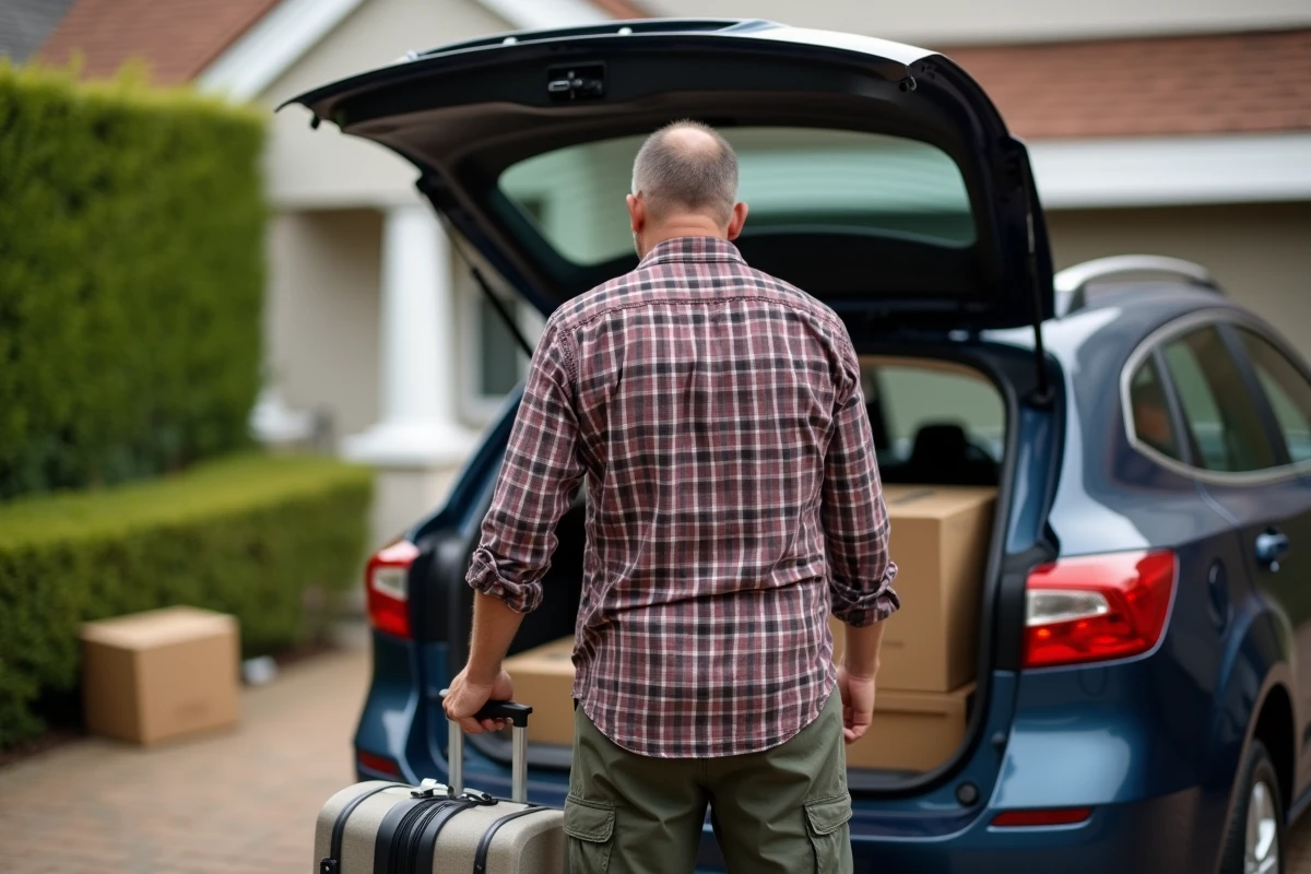 Homme chargeant une valise dans une voiture en matinée