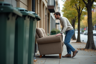 Homme d'âge moyen poussant un fauteuil usé dans la rue