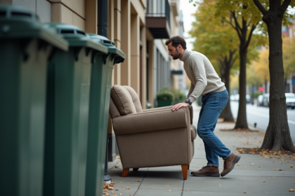 Homme d'âge moyen poussant un fauteuil usé dans la rue
