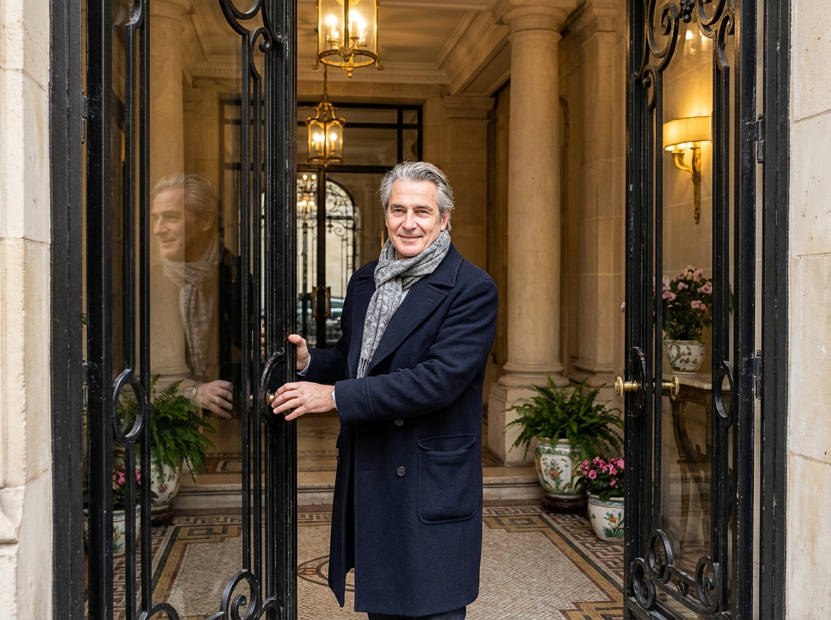 Homme distingué devant un immeuble Belle Époque