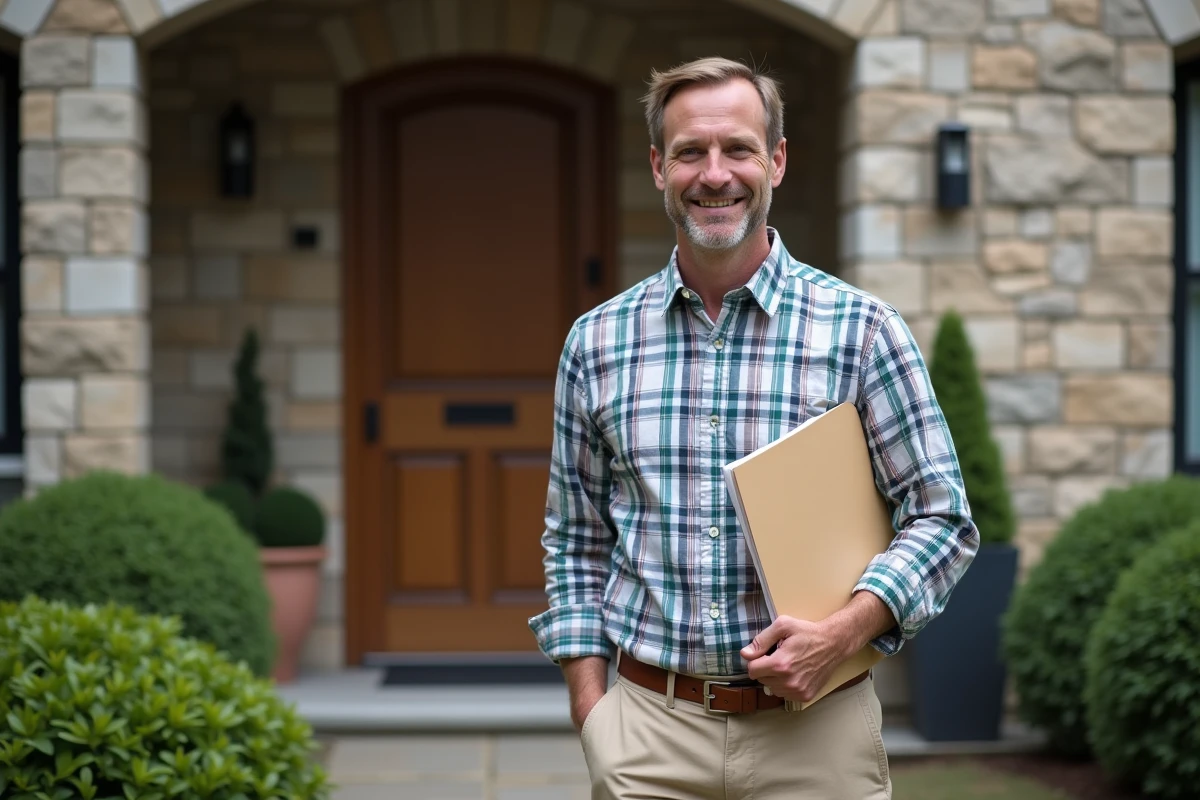 Homme souriant devant un immeuble résidentiel