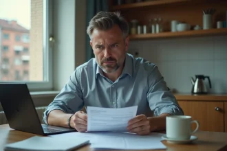 Homme d'âge moyen inquiet avec factures et ordinateur