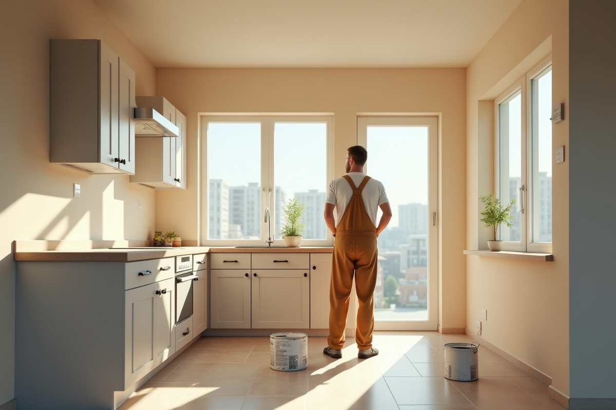 Homme en overalls inspectant une cuisine moderne en rénovation