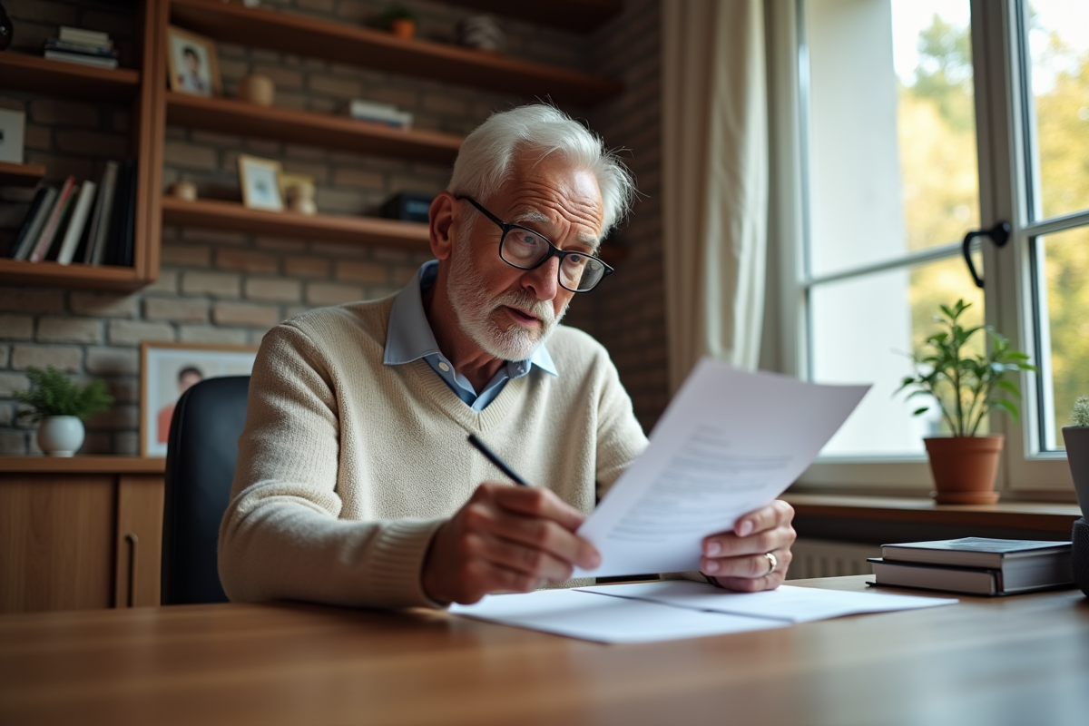 Homme age lit une lettre dans un salon chaleureux