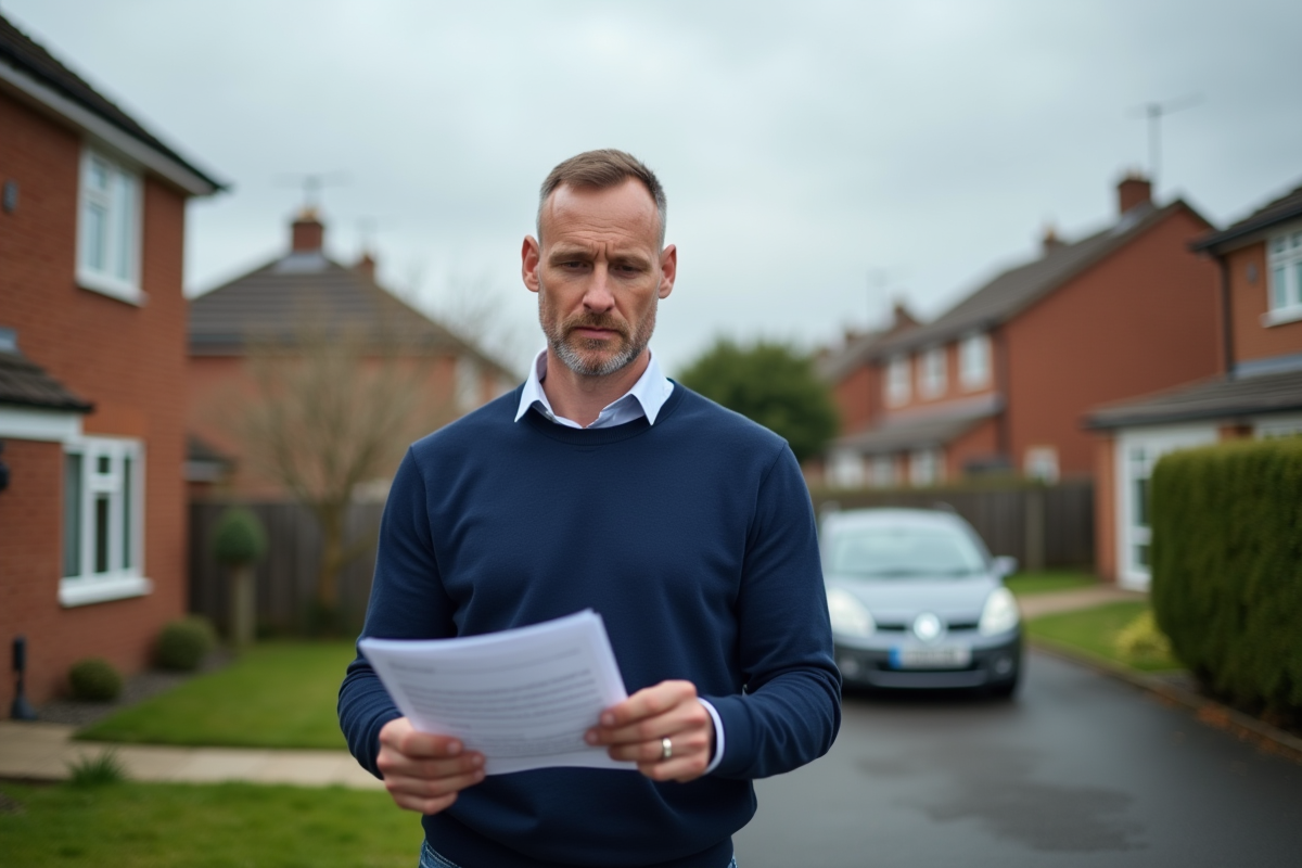 Homme regardant des lettres de prêt immobilier devant sa maison