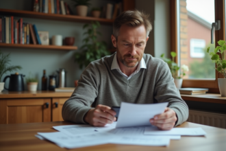 Homme d'âge moyen examinant des documents d'impôts fonciers
