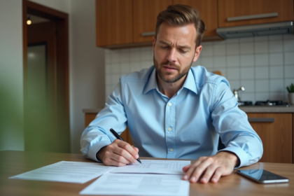 Homme en bleu lisant des papiers dans une cuisine chaleureuse