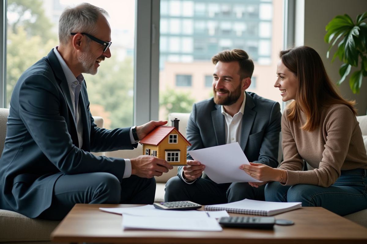 Homme expliquant des documents immobiliers à un couple dans un salon