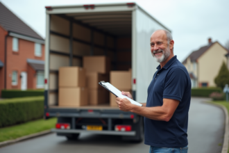 Homme d'âge moyen vérifiant un camion de déménagement devant une maison