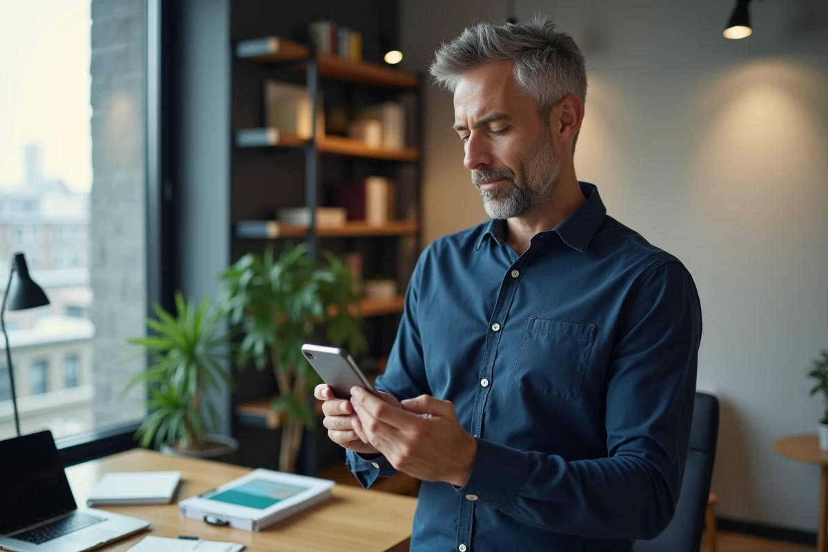Homme consultant l'application MyFoncia sur mobile dans un bureau à domicile