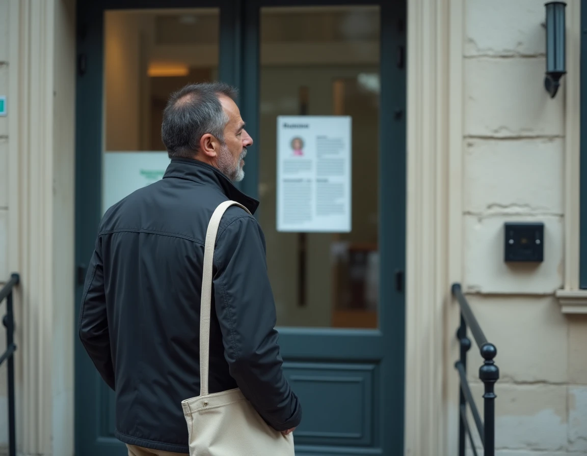 Homme consultant un affichage d'information devant un office de logement social HLM en France