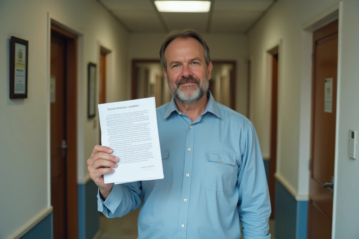 Homme tenant une lettre de plainte dans un couloir résidentiel