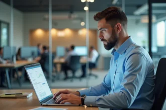Homme professionnel concentré sur son ordinateur en bureau moderne