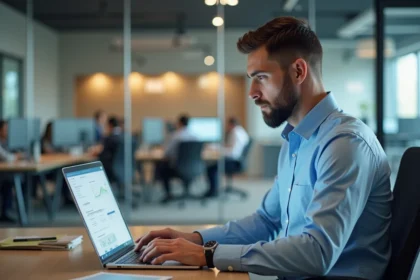 Homme professionnel concentré sur son ordinateur en bureau moderne
