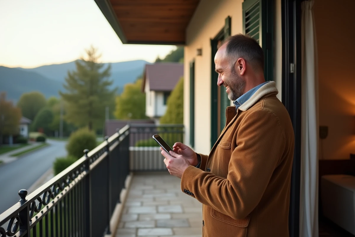 Homme scannant un QR code sur balcon d