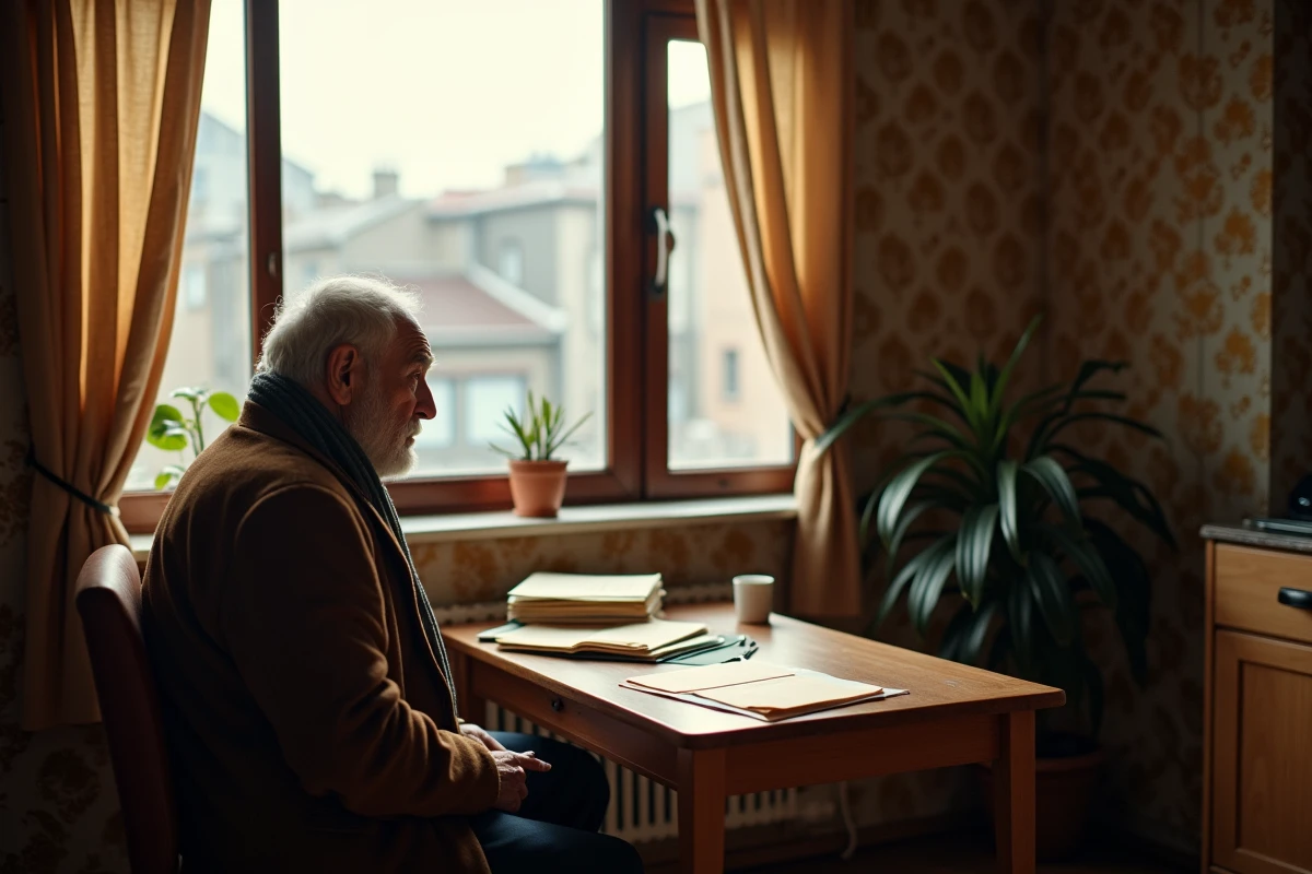 Homme âgé regardant par la fenêtre dans un intérieur cosy